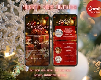 Pode incluir: Dois smartphones exibem um convite para uma festa de Natal. O telefone esquerdo mostra um design com tema de presente com o texto "Christmas Party" e "The Bennetts". O telefone direito mostra os detalhes do evento. O fundo apresenta decorações de Natal.