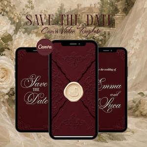 Peut inclure: Trois smartphones affichant un modèle de vidéo Save the Date numérique. Les écrans présentent un fond bordeaux profond avec des motifs en relief ornés et un sceau de cire crème central avec un motif de cygne. Le texte indique Save the Date.