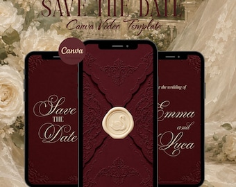 May include: Three smartphones displaying a digital Save the Date video template. The screens feature a deep burgundy background with ornate embossed patterns and a central cream-colored wax seal with a swan motif. Text reads Save the Date.