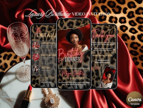 Cheetah Print Birthday Invitation Video Luxury Glam Birthday Evite for Her Elegant Editable Canva Template, Birthday Invitation Template red