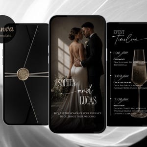 Könnte beinhalten: Drei Smartphone-Bildschirme mit einer Hochzeitseinladungsvorlage. Der linke Bildschirm zeigt einen schwarzen Umschlag mit Wachssiegel. Der mittlere Bildschirm zeigt ein Paar und den Text Sophia and Lucas. Der rechte Bildschirm zeigt einen Zeitplan.