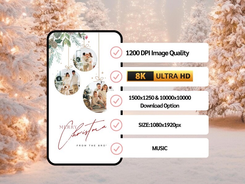 May include: A digital Christmas-themed graphic with family photos, greenery, and the text "Merry Christmas from the Bro". The image includes details like "1200 DPI Image Quality" and "8K Ultra HD".