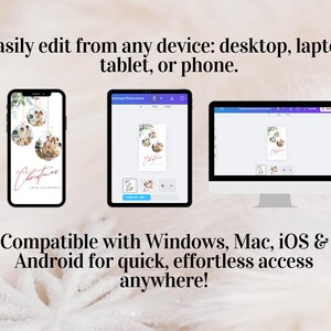May include: Image showcasing a Christmas photo card design displayed on a smartphone, tablet, and computer. The text reads "Easily edit from any device" and "Compatible with Windows, Mac, iOS & Android". The design features hanging ornaments.