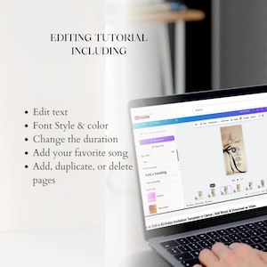 May include: A laptop screen displaying a Canva editing interface for a birthday invitation template. The text on the left lists features: EDITING TUTORIAL INCLUDING Edit text, Font Style & color, Change the duration, Add your favorite song, Add, duplicate, or delete pages.