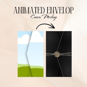 Könnte beinhalten: Ein animiertes Umschlag-Canva-Mockup mit dem Text ANIMATED ENVELOP Canva Mockup. Zwei vertikale Umschläge sind abgebildet: einer mit blauem Himmel, weißen Wolken und grünen Hügeln sowie ein schwarzer Umschlag mit Wachssiegel und silberner Schnur.