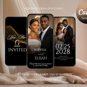 Pode incluir: Três smartphones exibindo designs de convites de casamento. O primeiro apresenta texto dourado e um gráfico de anel, o segundo mostra um casal com nomes e o terceiro exibe a data e o local do casamento. O fundo é preto.