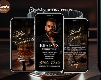 Animated Men’s Birthday Video Invitation | Luxury Gold Dinner Party Invite | Editable Canva Template for 30th 40th 50th Birthday Celebration