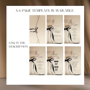 May include: A 6-page event stationery template set featuring a beige background, black text, and black ribbon accents. The cards display text including Olivia's 30th Birthday, The Details, The Menu, Send the Love a gift, and Thank you with QR codes.