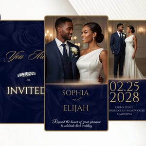 May include: Navy blue wedding invitation template with gold text. The invitation features a photo of a couple, the names Sophia and Elijah, and the wedding date. The text "You Are Invited" is also displayed.