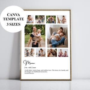 Pode incluir: Uma impressão emoldurada com fotos de família e a palavra "Mama" em escrita elegante. A impressão inclui a definição de "Mama": um lugar seguro, abraços calorosos e amor sem fim. Disponível em 3 tamanhos.