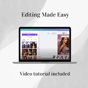 May include: A laptop screen displaying a digital design interface with the text Editing Made Easy and Video tutorial included. The software shows a sidebar with image thumbnails and a main workspace featuring a portrait of a person with long hair.