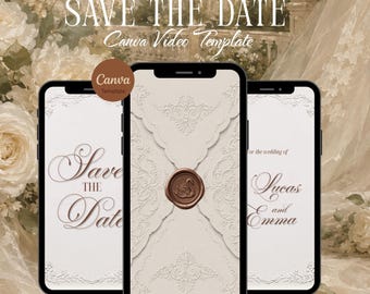 Könnte beinhalten: Drei Smartphones zeigen eine digitale Save the Date Videovorlage. Die Bildschirme zeigen cremefarbene Umschläge mit verzierten Prägemustern, ein braunes Wachssiegel mit einem Schwan und eine elegante Serifenschrift Save the Date.