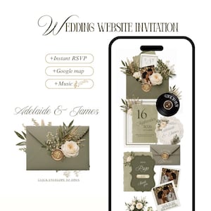 May include: A digital wedding website invitation template featuring sage green envelopes, white roses, and gold wax seals. The design includes text for Adelaide & James, September 16, 2026, and interactive buttons for Instant RSVP, Google map, and Music.