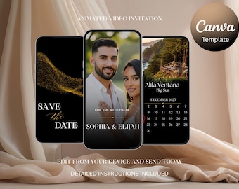 Invitación de boda moderna con video "Save the Date": MP4 de boda en negro y dorado, plantilla de Canva DIY