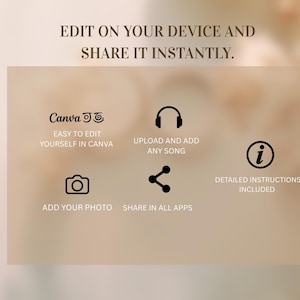May include: A graphic with text and icons on a blurred background. The text reads "EDIT ON YOUR DEVICE AND SHARE IT INSTANTLY." Icons include a camera, headphones, a share symbol, and an information symbol. Text includes "Canva," "Easy to edit yourself in Canva," "Upload and add any song," "Add your photo," "Share in all apps," and "Detailed instructions included."