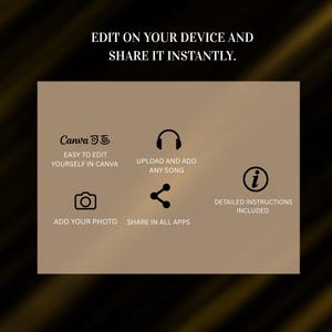 May include: A beige digital template graphic featuring the text EDIT ON YOUR DEVICE AND SHARE IT INSTANTLY. Icons include a Canva logo, headphones, camera, share symbol, and information symbol with text explaining editing, uploading, and sharing.