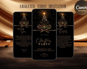 Gold Christmas Party Holiday Invitation Canva Template, Black Animated Holiday Evite, Editable Modern Luxury Digital Invite