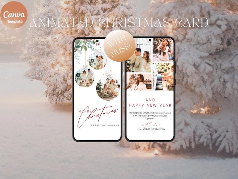 May include: An animated Christmas card template displayed on two smartphones. The left screen shows family photos with the text "Merry Christmas". The right screen displays more photos and the text "Happy New Year". The background is a snowy winter scene.