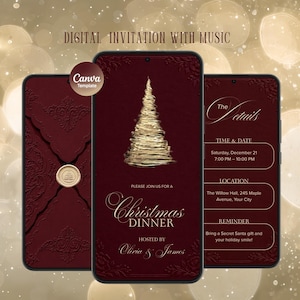 May include: A digital Christmas dinner invitation template displayed on three smartphones. The design features a deep red background with a gold wire-style Christmas tree, elegant typography, and a wax seal graphic with a tree icon.