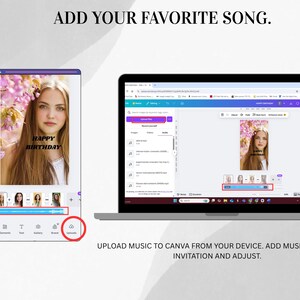 K&ouml;nnte beinhalten: Ein Laptop und ein Smartphone zeigen ein Geburtstags-Einladungsdesign mit einem Foto und dem Text "Happy Birthday". Das Bild zeigt, wie man Musik in das Design hochl&auml;dt. Der Text "F&uuml;ge deinen Lieblingssong hinzu" steht oben.