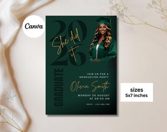 She Did It Graduation Invitation Template, Editable Digital Invite for Class of 2026, Elegant Green & Gold Photo Invite