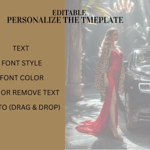 K&ouml;nnte beinhalten: Eine Frau in einem roten Kleid und einem Leopardenmuster-Schal steht neben einem schwarzen Auto. Das Bild enth&auml;lt den Text "EDITIERBAR PERSONALISIEREN SIE DIE TMEPLATE" und Optionen f&uuml;r Text, Schriftstil, Farbe und Foto.