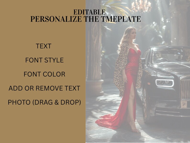 K&ouml;nnte beinhalten: Eine Frau in einem roten Kleid und einem Leopardenmuster-Schal steht neben einem schwarzen Auto. Das Bild enth&auml;lt den Text "EDITIERBAR PERSONALISIEREN SIE DIE TMEPLATE" und Optionen f&uuml;r Text, Schriftstil, Farbe und Foto.