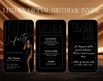 Invito per il 40° compleanno, nato nel 1985, invito di compleanno nero per lui o per lei, modello Canva modificabile, invito digitale moderno e glamour