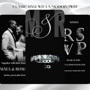 Op de afbeelding: Zwart-wit trouwkaartontwerp met de tekst "CLASSIC STYLE WITH A MODERN TWIST". De uitnodiging bevat een foto van een stel, een diamanten ring en RSVP-details. De namen "MAYA & ROMAN" zijn ook opgenomen.