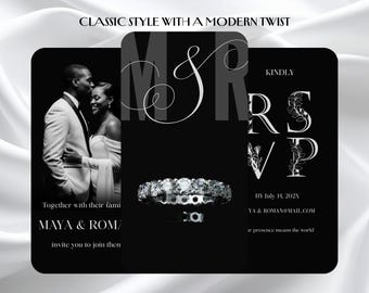 Luxury Wedding Invitation Video, Elegant Modern Photo Wedding Evite, Black Wedding Invitations, Editable Digital Invite,  Canva Template