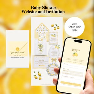 May include: A digital baby shower invitation set featuring lemon illustrations, including a website RSVP form, an envelope graphic with the text You're Invited, and various cards with yellow accents and text for event details and registry information.