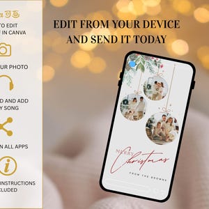 May include: A smartphone displays a Christmas-themed graphic with family photos in ornaments. The phone's screen shows the text "Merry Christmas from the Browns." The image also includes instructions for editing in Canva.