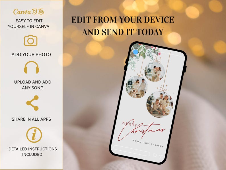 May include: A smartphone displays a Christmas-themed graphic with family photos in ornaments. The phone's screen shows the text "Merry Christmas from the Browns." The image also includes instructions for editing in Canva.