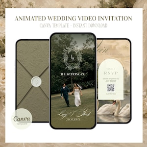 Pode incluir: Três smartphones exibindo um modelo de convite de casamento em vídeo animado do Canva. As telas mostram um envelope verde-oliva, um casal caminhando em um parque com o texto "The Wedding of Lucy & Jack" e uma página de RSVP com um cisne.