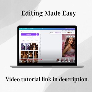 K&ouml;nnte beinhalten: Ein Laptop-Bildschirm zeigt eine Foto-Bearbeitungs-Oberfl&auml;che mit dem Text "Editing Made Easy". Die Oberfl&auml;che zeigt ein Frauenportr&auml;t und eine Auswahl von Bildern. Der Text "Video tutorial link in description" ist ebenfalls sichtbar.
