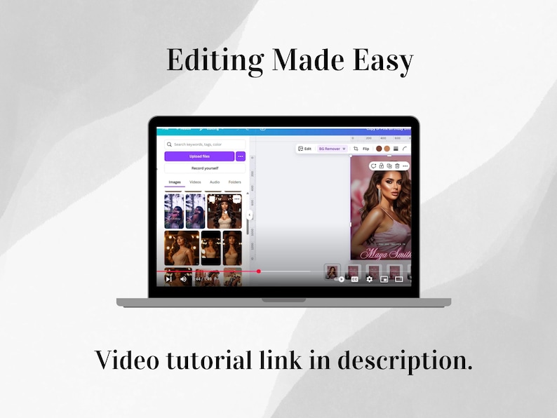 K&ouml;nnte beinhalten: Ein Laptop-Bildschirm zeigt eine Foto-Bearbeitungs-Oberfl&auml;che mit dem Text "Editing Made Easy". Die Oberfl&auml;che zeigt ein Frauenportr&auml;t und eine Auswahl von Bildern. Der Text "Video tutorial link in description" ist ebenfalls sichtbar.