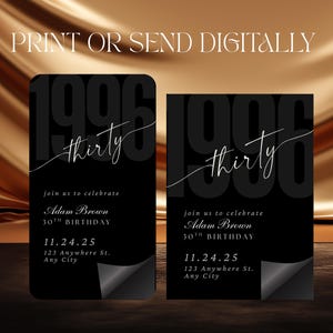 30th Birthday Invitation, Digital Evite for Him Her, Modern Black Birthday Party Invite, Editable Canva Template, Born in 1996