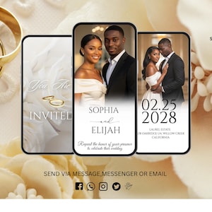 May include: Wedding invitation design featuring three smartphones displaying photos of a couple. The invitations include the names Sophia and Elijah, the date 02.25.2028, and the location. Gold wedding rings and floral accents complete the design.