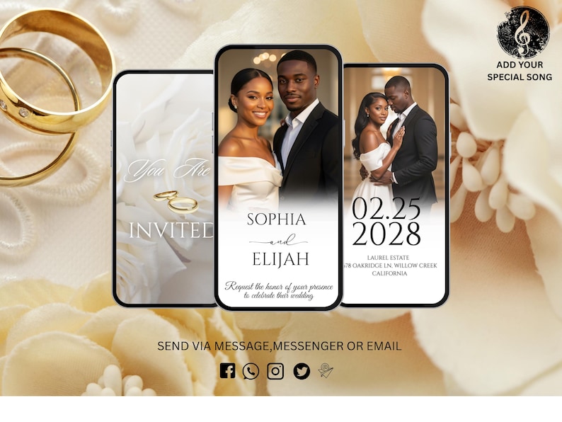 May include: Wedding invitation design featuring three smartphones displaying photos of a couple. The invitations include the names Sophia and Elijah, the date 02.25.2028, and the location. Gold wedding rings and floral accents complete the design.