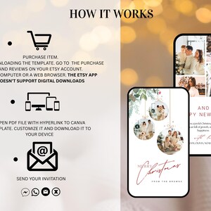 May include: A digital invitation template displayed on a smartphone and tablet. The design features family photos, holiday greetings, and instructions on how to download and customize the template. The text reads "Merry Christmas" and "Happy New Year".