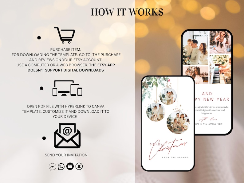 May include: A digital invitation template displayed on a smartphone and tablet. The design features family photos, holiday greetings, and instructions on how to download and customize the template. The text reads "Merry Christmas" and "Happy New Year".