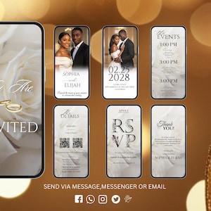 May include: A series of smartphone screens displaying wedding invitation details. The main screen says "You Are Invited" with gold rings. Other screens show photos of the couple, event details, RSVP information, and a thank you message.