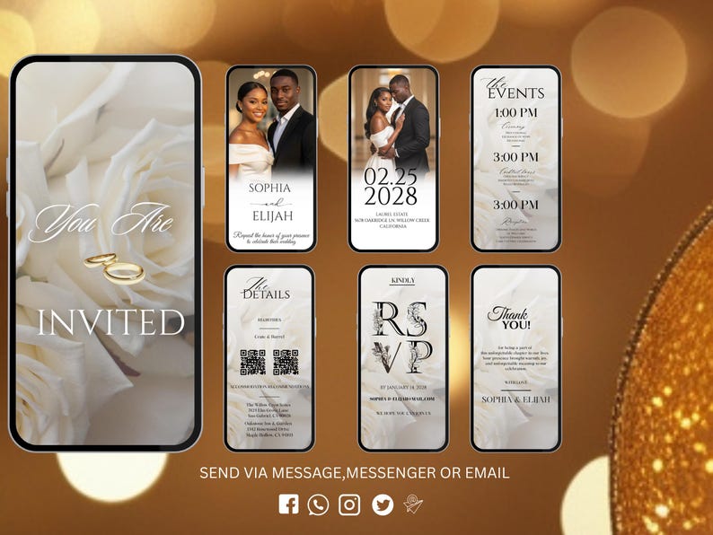 May include: A series of smartphone screens displaying wedding invitation details. The main screen says "You Are Invited" with gold rings. Other screens show photos of the couple, event details, RSVP information, and a thank you message.