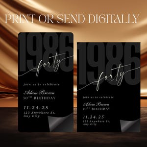 40th Birthday Invitation, Digital Evite for Him Her, Modern Black Birthday Party Invite, Editable Canva Template, Born in 1986