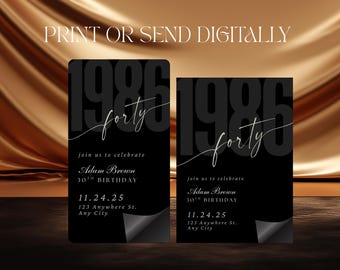 Invito per il 40° compleanno, invito digitale per lui e per lei, invito moderno per festa di compleanno in nero, modello Canva modificabile, nato nel 1986