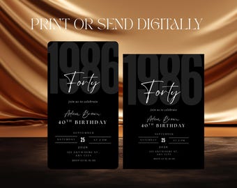 40th Birthday Invitation, Editable Digital Evite for Him Her, Modern Black Birthday Party Invite, Born in 1986, Canva Template