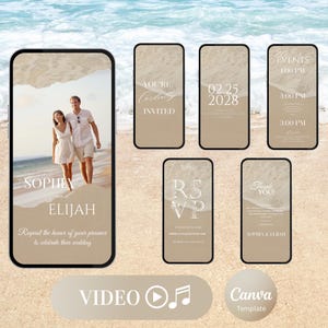 Puede incluir: Plantilla digital de invitación de boda con una pareja en la playa. El diseño incluye elementos de texto, una paleta de colores neutros y gráficos temáticos de playa. Se muestra la fecha.