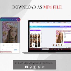 May include: A laptop and a smartphone display a birthday card design with a woman's portrait and the text "HAPPY BIRTHDAY." The laptop screen shows download options. The text "DOWNLOAD AS MP4 FILE" and social media icons are also visible.