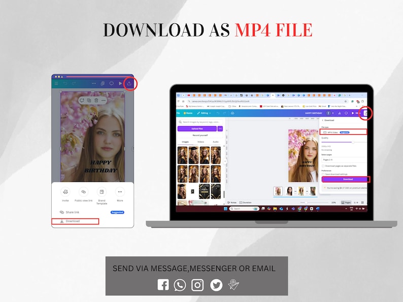 May include: A laptop and a smartphone display a birthday card design with a woman's portrait and the text "HAPPY BIRTHDAY." The laptop screen shows download options. The text "DOWNLOAD AS MP4 FILE" and social media icons are also visible.