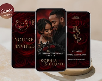 Red Rose Wedding Invitation Video Template, Romantic Digital Invite Set, Elegant Animated Canva Design Luxury Destination Wedding Invitation